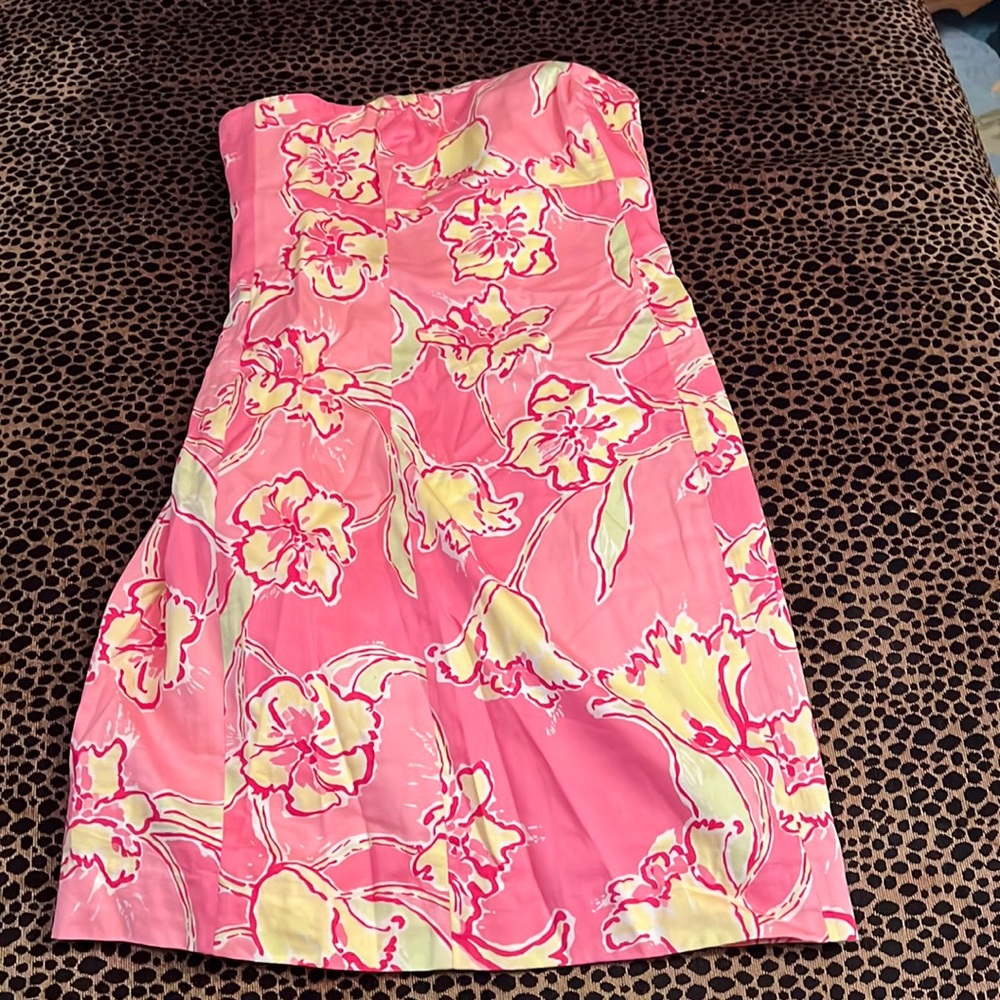 LOVELY LILLY PULITZER STRAPLESS DRESS WITH TIE BACK SZ 0 PINK AND YELLOW